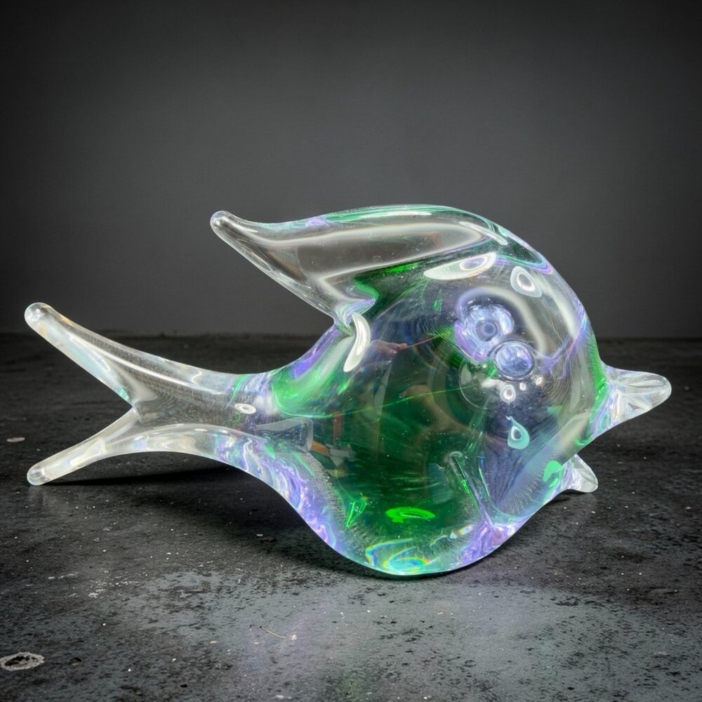 Venetian Art Glass Fish Paperweight Figurine Blown Italian Glass Green Purple
